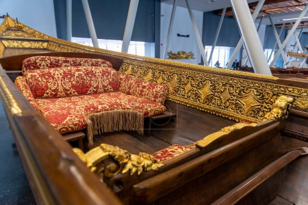 Photo for ISTANBUL, TURKEY, OCTOBER 25,2016: Seating detail from Ottoman Imperial Caique (traditional boat) from Istanbul Naval Museum, a national naval museum, located at Besiktas district of Istanbul. - Royalty Free Image