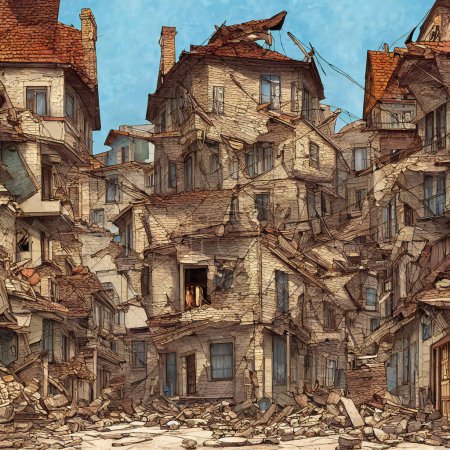 Illustration Of A Town Hit By Earthquake, Collapsed Buildings