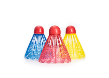 Red, Blue and Yellow Plastic Badminton Balls (Shuttlecocks), Isolated On White Background