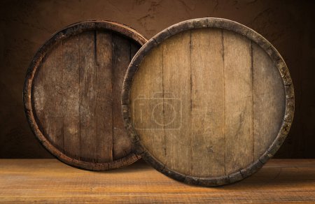 Photo for Wine casks at the winery. Stacked Wine barrels at the german winery. Old vintage whisky cask. old Single Malt. High quality photo - Royalty Free Image