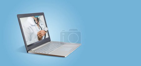 Photo for Concept of online computer consultations. The doctor is listening from a laptop on a blue background. - Royalty Free Image