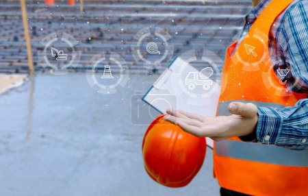 Bauunternehmer zeigt Betonmischer-Symbol, um Betonarbeiten zu beginnen.