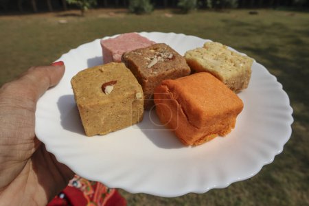Téléchargez les photos : Assortiment de bonbons indiens. Articles traditionnels diwali sucrés pour les festivals servis - en image libre de droit