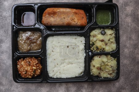 Indian Upwas thali, traditional fasting food platter or thaali. Farali Upwas food eaten during vrat