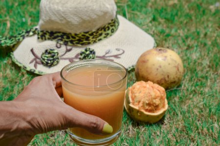 Sabroso vaso de jugo de Bael con fruta Bael en el día caliente
