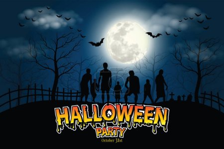 Illustration for Crowd of hungry zombies in the woods. Silhouettes of scary zombies walking in the forest at night. Spooky forest with full moon and grave. - Royalty Free Image