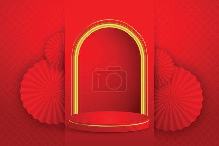 Illustration for Podiums round Chinese style stage design for Chinese New Year festival or mid autumn festival with red paper cut art on red color background and asian elements with craft style on background. - Royalty Free Image