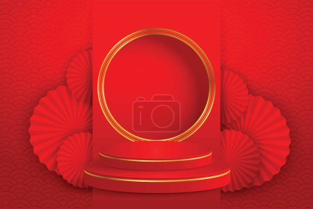 Illustration for Podiums round Chinese style stage design for Chinese New Year festival or mid autumn festival with red paper cut art on red color background and asian elements with craft style on background. - Royalty Free Image
