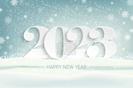 Ilustración de Feliz Año Nuevo 2023 en el bosque en la nieve Vector papel arte y artesanía digital. - Imagen libre de derechos
