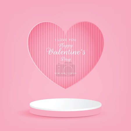 Téléchargez les illustrations : Abstract 3D pink room with pink cylindrical podium with white border or podium with heart window. And the words I love you now and forever. - en licence libre de droit