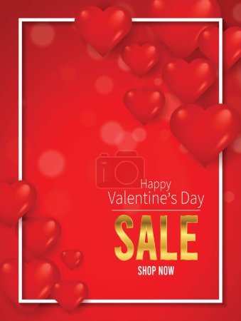Téléchargez les illustrations : Happy Valentine's day text gold sale lettering typography and hearts poster on red background. Vector illustration. Romantic quote postcard, card, invitation, banner template. - en licence libre de droit