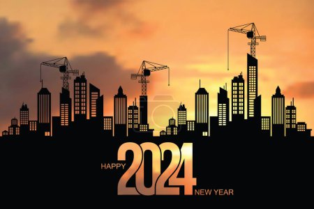 Illustration for Black silhouette of construction with crane and bright morning sky. To prepare to welcome the year 2024, happy new year, changing new ventures. vector illustration isolated on the background. - Royalty Free Image