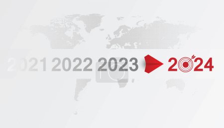 Rotes Flugzeug fliegt bis 2024. Rotes Flugzeug auf dem Weg zum Ziel, Plan, Aktion, Vision. 2024 Logo-Symbol, Neujahrs-Logo. 2024 Kalenderentwurf Elemente eleganten Kontrast Zahlen Layout.