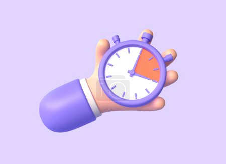 3d character hand holding stopwatch illustration in minimalistic cartoon style.timer on purple background. 3d rendering