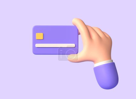 Main de personnage 3d tenant une illustration de carte de crédit dans le style de dessin animé. le concept de paiement sans espèces ou sans contact. Rendu 3d