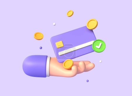 3d character hand, credit card, falling gold coins and green tick illustration in cartoon style. the concept of cashless or contactless payment, loans processing.3d rendering