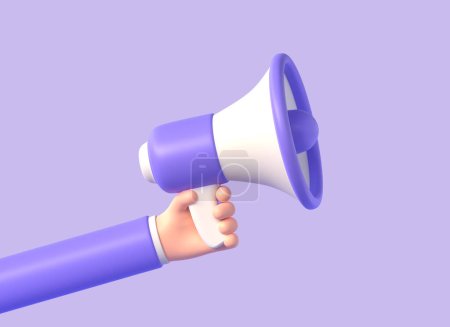 3D-Zeichentrickfigur hält ein Megafon in der Hand. Social Media Promotion oder Breaking News Konzept. realistische Illustration isoliert auf violettem Hintergrund. 3D-Darstellung