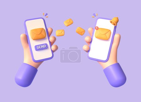 Téléchargez les photos : 3d personnage de dessin animé main tenant un smartphone avec une enveloppe sur l'écran et une cloche d'or dans un style de dessin animé. le concept d'envoi et de réception de messages par courriel. Rendu 3d - en image libre de droit
