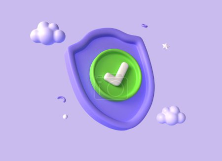 3d green checkmark shield icon in cartoon style. the concept of security or reliable protection in the internet and social networks. illustration isolated on purple background. 3d rendering
