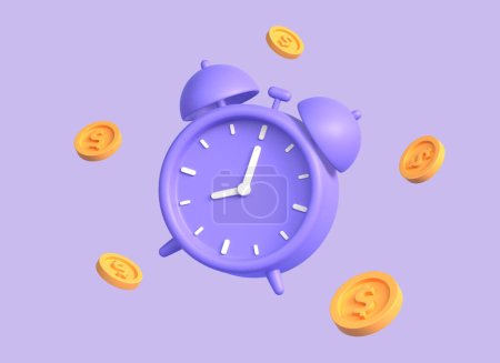 3d alarm clock and gold coins in a realistic style. money investment concept, loans, income and financial savings, fast money. 3d rendering