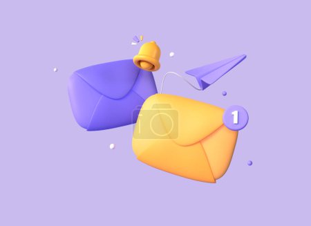 3d icon of mail envelope and bell in cartoon style. the concept of receiving notification, mailing. design for banner decoration for marketing. 3d rendering