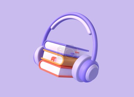 Téléchargez les photos : Icône 3d de pile de livres et écouteurs dans le style de dessin animé. le concept d'écoute des livres audio. illustration isolée sur fond violet. Rendu 3d - en image libre de droit