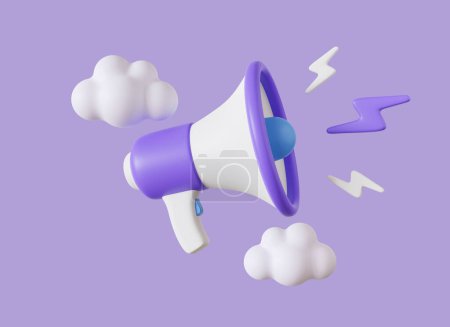 3D-Megafon oder Lautsprecher mit Blitz und Wolken im Cartoon-Stil. Konzept der Social-Media-Promotion oder Breaking News. realistische Illustration isoliert auf violettem Hintergrund. 3D-Darstellung