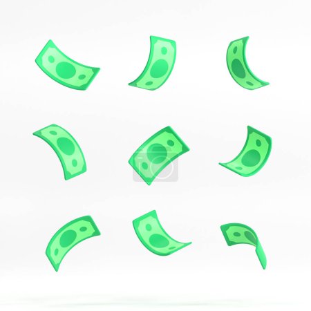 Foto de 3d volando billetes verdes en diferentes posiciones en un estilo de dibujos animados minimalista. dinero aislado sobre fondo blanco. concepto de inversión empresarial y financiera. Ilustración de representación 3D. - Imagen libre de derechos