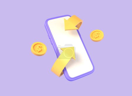 3d mobile phone and gold coins in cartoon style. cashback and money back. the concept of saving on online shopping. illustration isolated on purple background. 3d rendering