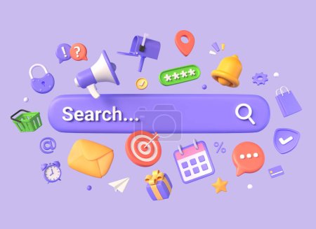 3d barra de búsqueda rodeada de diferentes elementos. concepto de marketing o compras en línea. actividad comercial en Internet. ilustración aislada sobre fondo púrpura. renderizado 3d