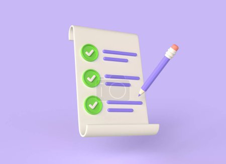 Photo for 3D clipboard with completed task list, pencil and green checkmark. Checklist with successfully completed business tasks. Project plan document. illustration isolated on purple background. 3d rendering - Royalty Free Image