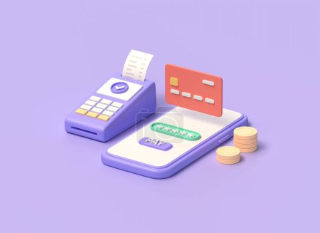 3d mobile phone, terminal, credit card and gold coins. mobile online payments, sending money, paying for purchases with a card. illustration isolated on purple background. 3d rendering