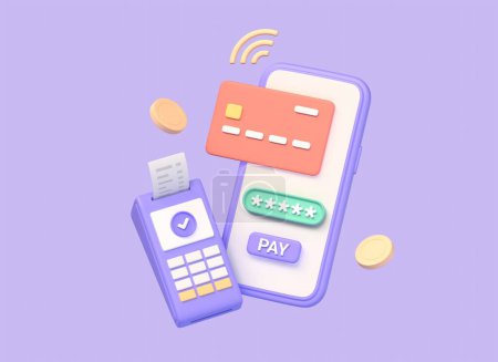 3d mobile phone, terminal, credit card and gold coins. mobile online payments, sending money, paying for purchases with a card. illustration isolated on purple background. 3d rendering