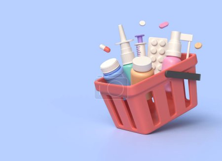 Foto de 3d shopping cart and jars for pills, syringe, spray, capsules in cartoon style. medicine and healthcare concept, online buying drugs.illustration isolated on blue background.3d rendering - Imagen libre de derechos