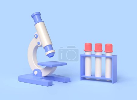 Téléchargez les photos : 3d microscope and test tubes on a stand in cartoon style. concept of scientific research or laboratory analysis isolated on blue background. 3d rendering - en image libre de droit