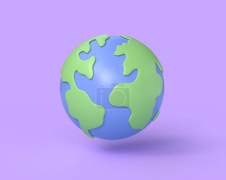 Téléchargez les photos : 3d planète icône de la terre en dessin animé style.Concept pour la planète Journée de la Terre ou Journée de l'environnement. illustration isolée sur fond violet. Rendu 3d - en image libre de droit