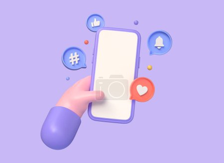 Photo for 3d mobile phone and social media notifications, thumbs up, heart, bell, speech bubble in cartoon style. design elements for banner. illustration isolated on purple background. 3d rendering - Royalty Free Image