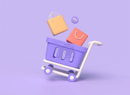 Photo for 3d trolley, shopping bags and percent sign in cartoon style. Online shopping. E-commerce and digital marketing concept. Sale of goods. 3d rendering - Royalty Free Image