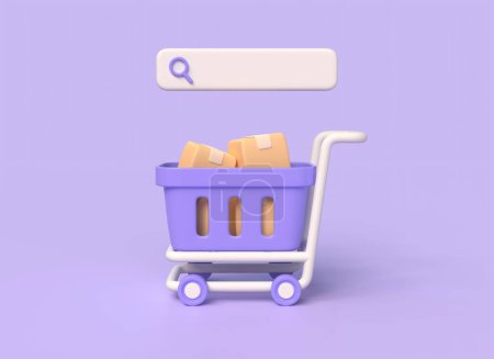 3D-Einkaufswagen, Suchleiste und Kartons für Pakete im Cartoon-Stil. Online-Shopping und Lieferkonzept. Illustration isoliert auf weißem Hintergrund. 3D-Darstellung