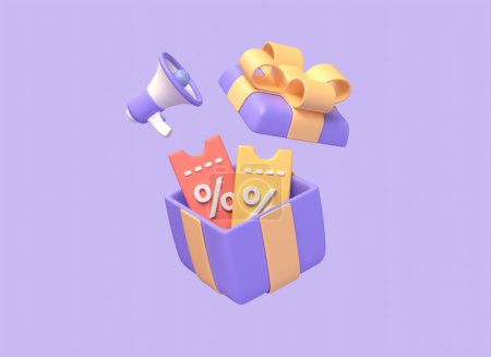 Photo for 3d coupons with percent sign in gift box and loudspeaker. the concept of getting a discount on purchases in the online store. special offer digital marketing. 3d rendering - Royalty Free Image
