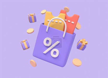Photo for 3d coupons with percent sign in a shopping bag, gift boxes and gold coins. the concept of getting a discount on purchases in the online store. special offer digital marketing. 3d rendering - Royalty Free Image