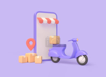 3D mobile phone, delivery service scooter and cardboard boxes for parcels, location icon. fast delivery service concept. purchases in the online store. 3d rendering