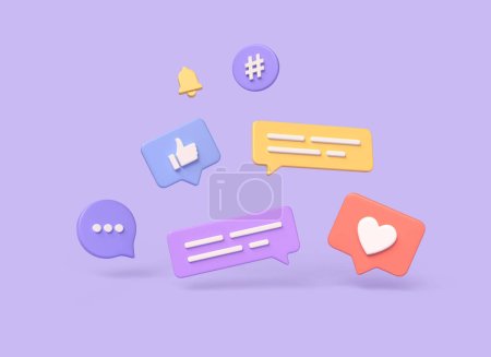 Photo for 3d notifications on speech bubbles, chat icons, thumbs up, hearts in cartoon style. the concept of communication in social networks. digital marketing. illustration on purple background. 3d rendering - Royalty Free Image