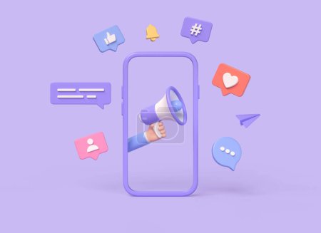 Photo for 3d mobile phone frame, hand holding a loudspeaker, notifications on speech bubbles, icon and comment, hearts, thumbs up, hashtag. social media advertising and promotion concept. 3d rendering - Royalty Free Image