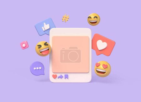 Cadre photo 3d, emojis, chat, pouces vers le haut et icône de coeur dans le style de dessin animé. concept de marketing numérique sur les médias sociaux. illustration isolée sur fond violet. Rendu 3d