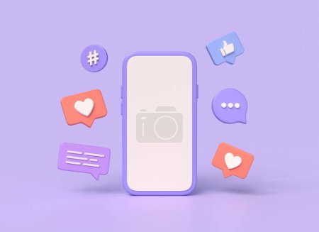 Photo for 3d mobile phone and notification icons around, heart, thumbs up, hashtag, chat. the concept of communication in social networks. digital marketing. illustration on purple background.3d rendering - Royalty Free Image