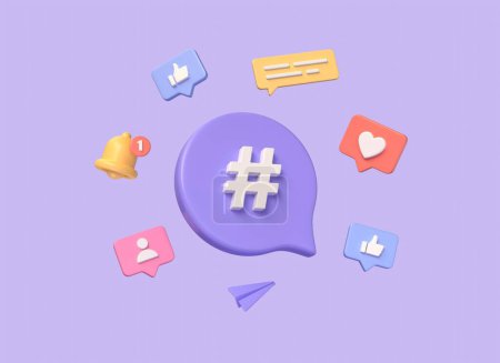 Photo for 3d hashtag icon, search symbol on notification icon, bell, heart, thumbs up. the concept of communication in social networks. digital marketing. illustration on purple background. 3d rendering - Royalty Free Image