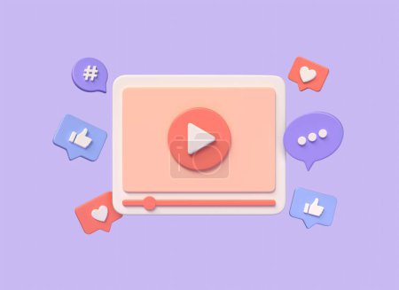 3d video player with heart icons, thumbs up, hashtag on speech bubble. live streaming in the browser. digital marketing in social networks. illustration on purple background.3d render