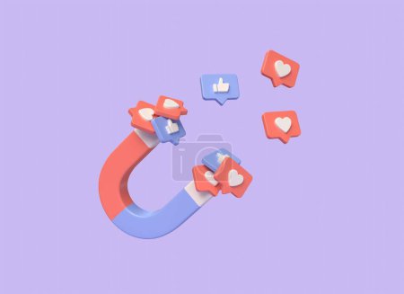 Photo for 3d magnet pull heart and thumb up icons on speech bubble in cartoon style. the concept of communication in social networks. digital marketing. illustration on purple background. 3d rendering - Royalty Free Image