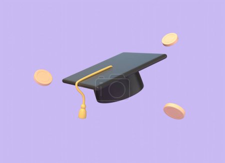 Photo for 3d Graduation cap with money coins. paid education, scholarships, academic training, investment in knowledge, financial planning. illustration on purple background. 3d rendering - Royalty Free Image